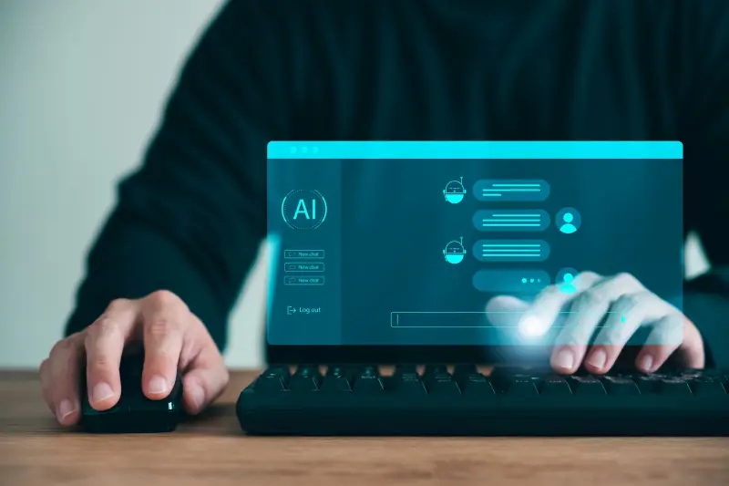 Concept Humans work with artificial intelligence, humans use intelligent AI technology enter command prompt for generates to solve problems, let AI help humans do their jobs.