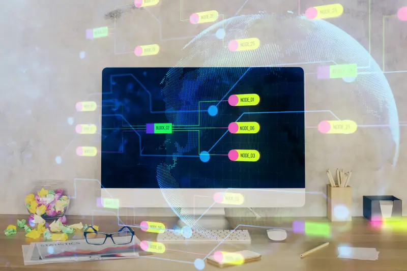 Double exposure of table with computer on background and data theme hologram. Data technology concept.